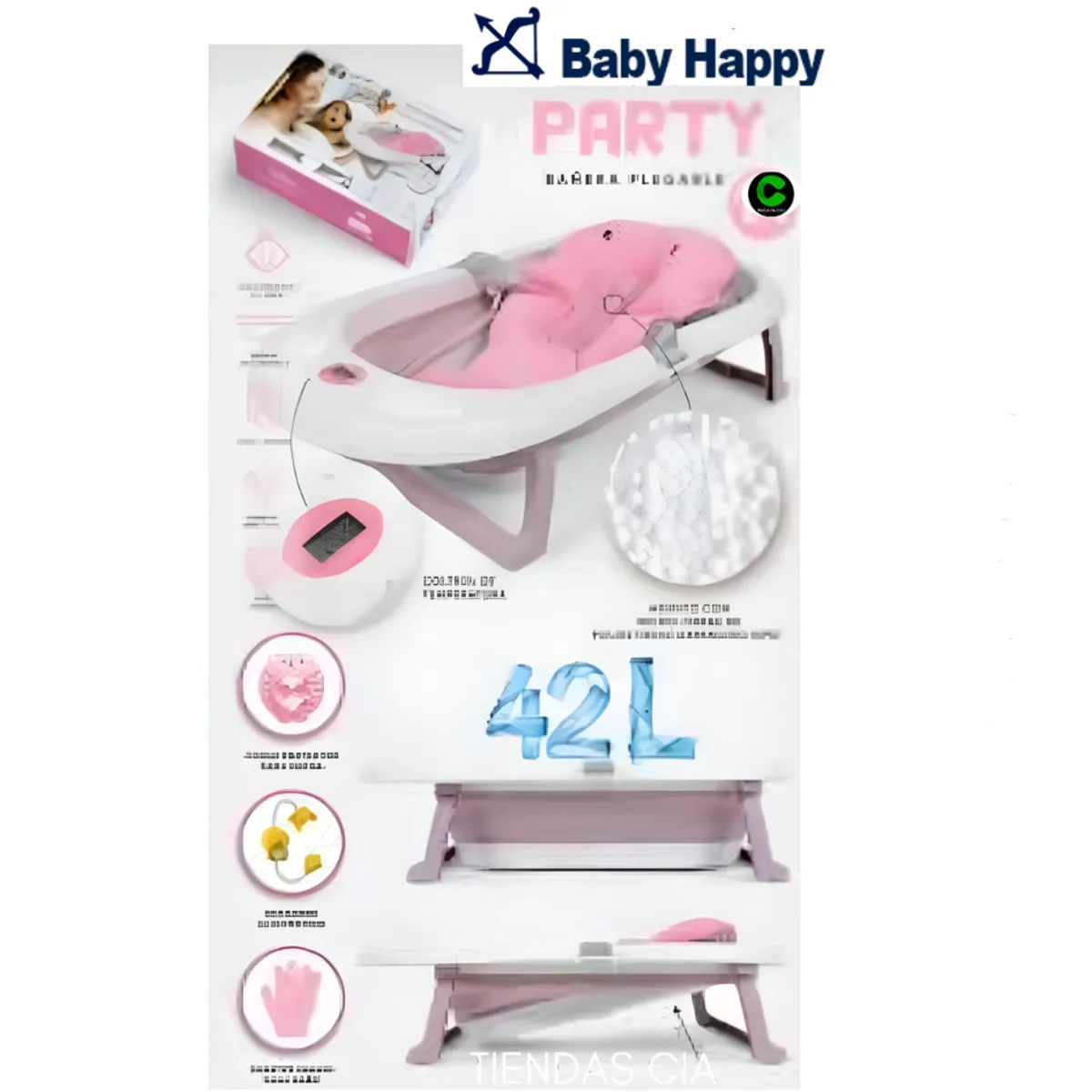 HAPPY BABY - Bañera Plegable Baby Happy Party Completo Rosado