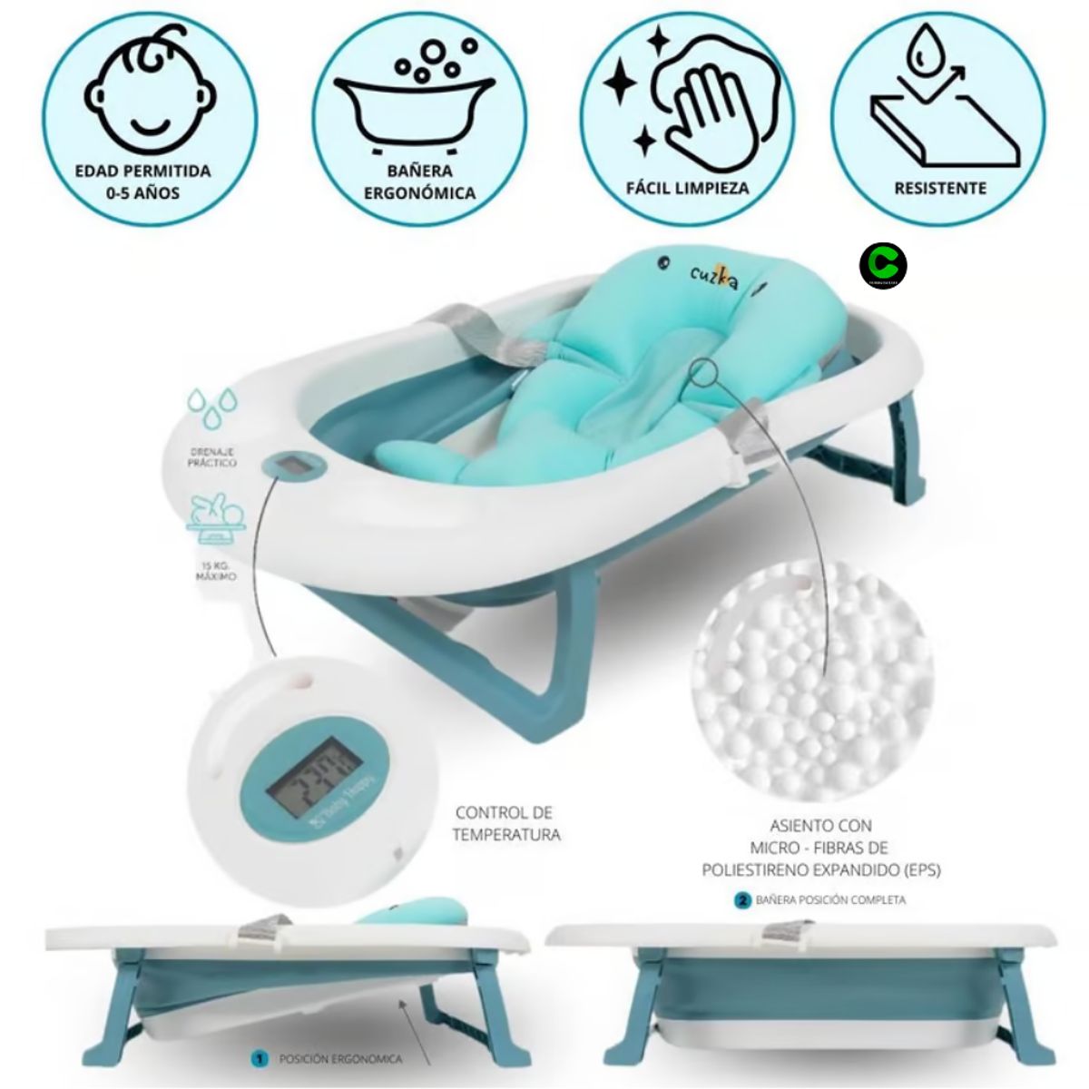 BABY HAPPY - Bañera Plegable Baby Happy Party Completo CELESTE
