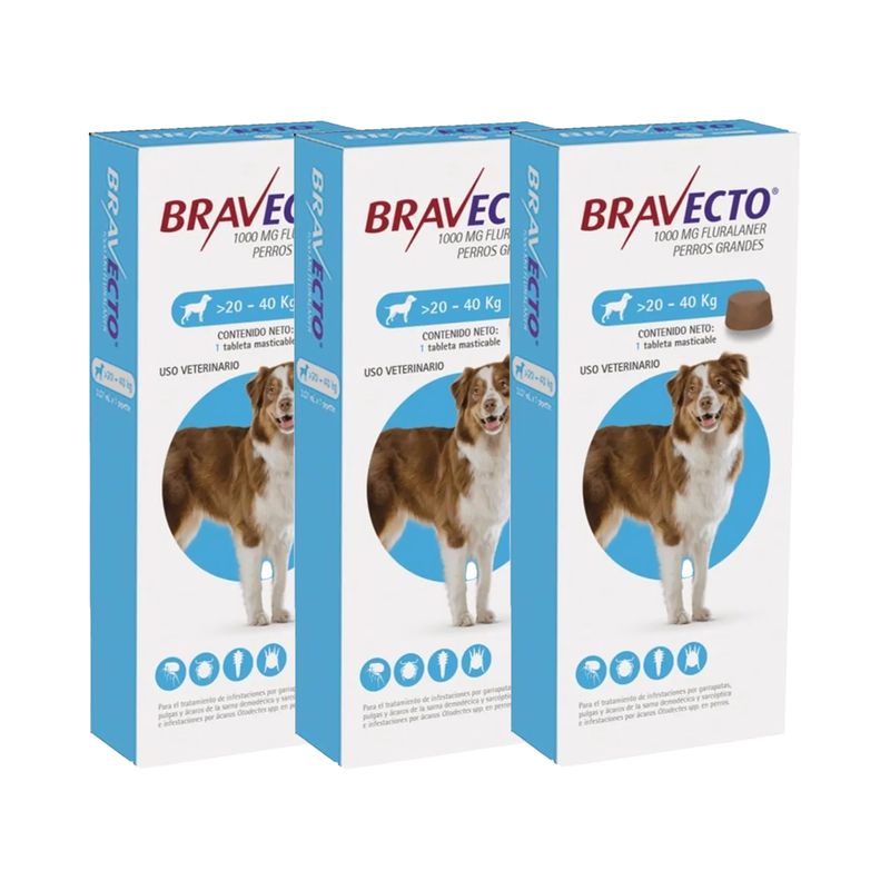 BRAVECTO - ANTIPULGAS BRAVECTO 1000MG PARA PERRO 20 A 40 KG - 3 TAB