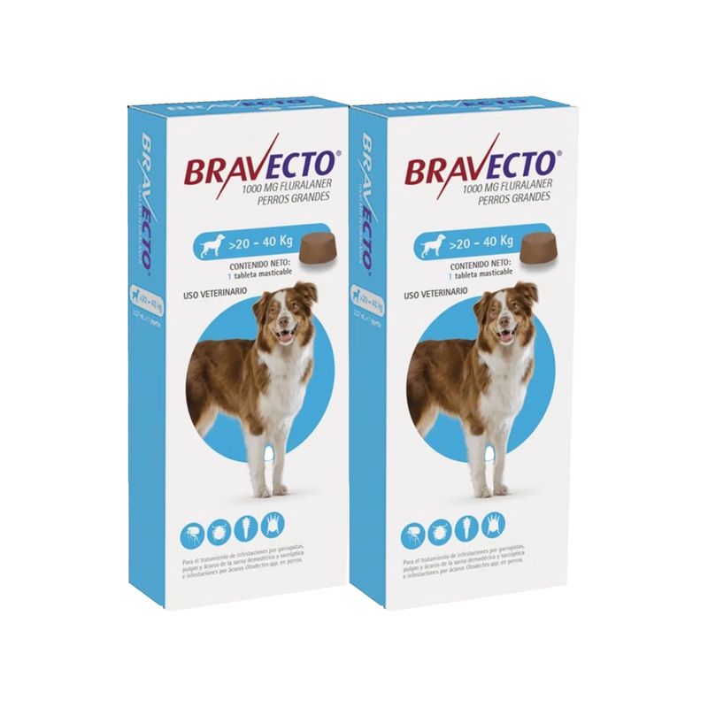 BRAVECTO - ANTIPULGAS BRAVECTO 1000MG PARA PERRO 20 A 40 KG - 2 TAB