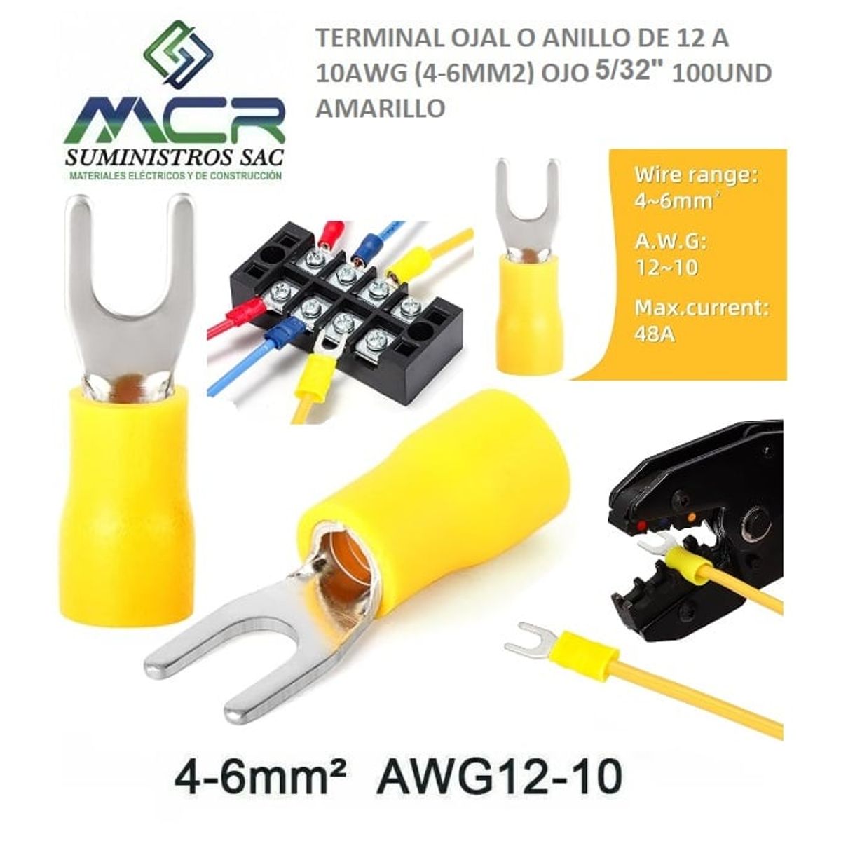 GENERICO - TERMINAL UÑA  AMARILLO AISLADO DE 12 A 10AWG  OJO 5/32" 100UND
