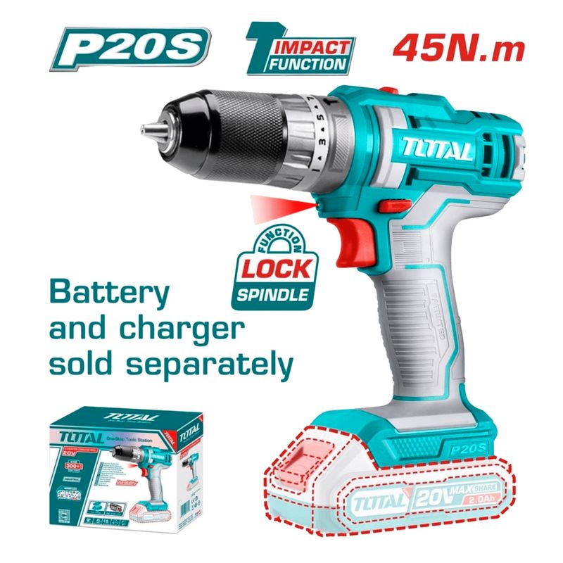 TOTAL TOOLS - TALADRO PERCUTOR Y ATORNILLADOR 20V INDUSTRIAL 45NM 10MM TIDLI201455