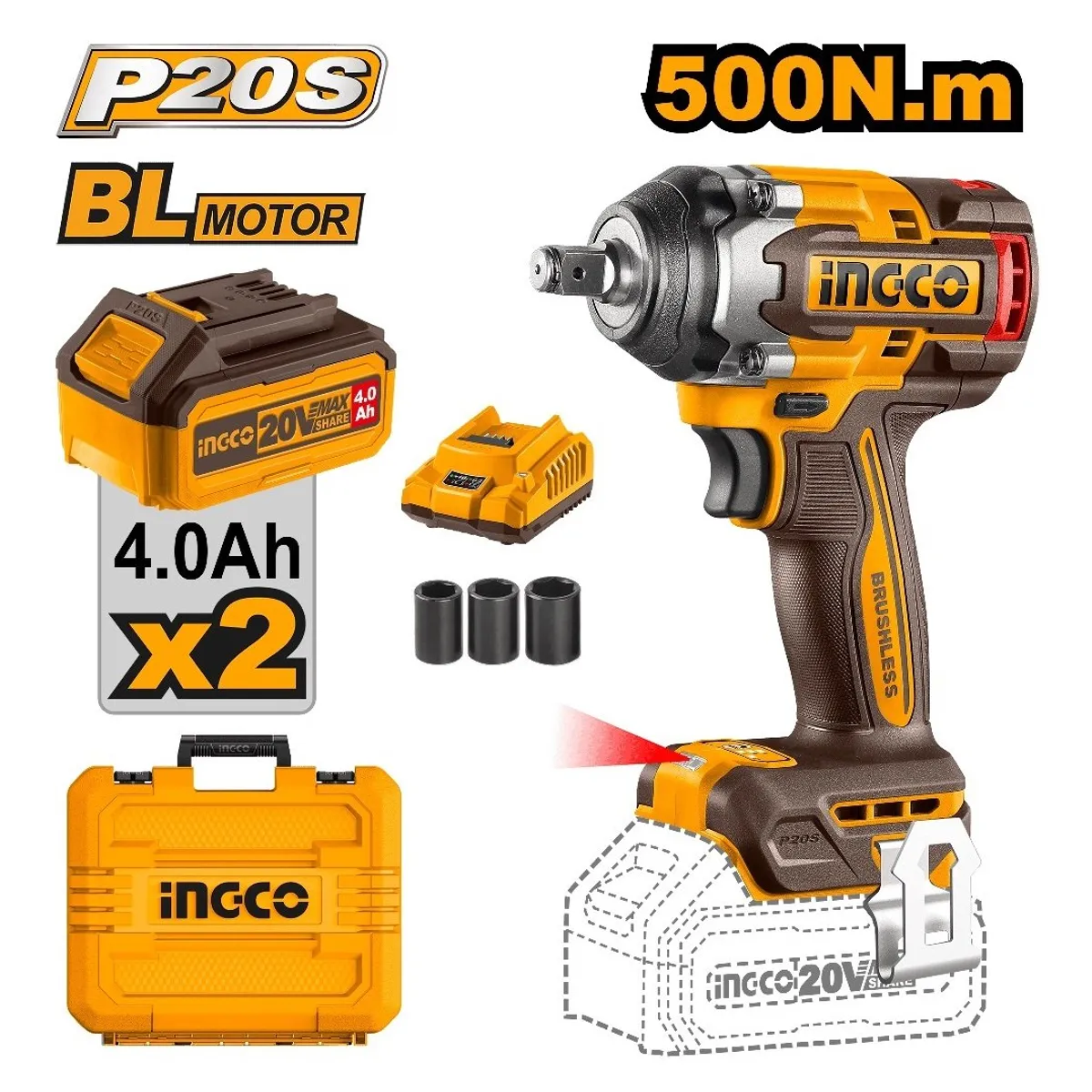 INGCO TOOLS - LLAVE IMPACTO BRUSHLESS INGCO 20V 500NM + 2 BATERÍAS 4.0AH CIWLI2050