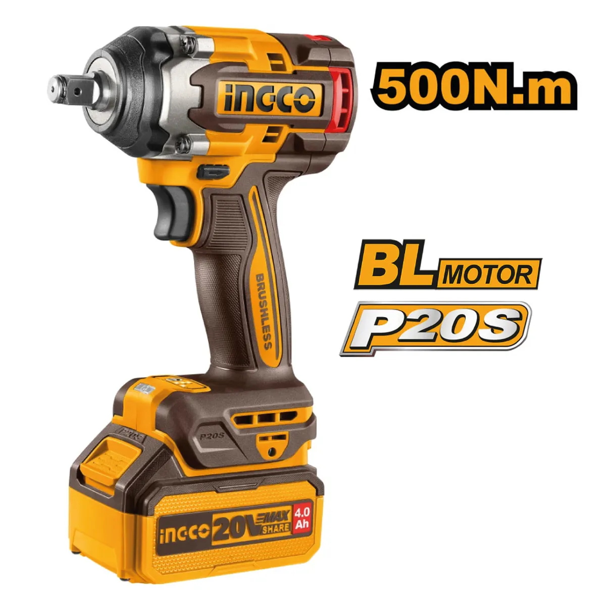 INGCO TOOLS - LLAVE IMPACTO BRUSHLESS INGCO 20V 500NM + 2 BATERÍAS 4.0AH CIWLI2050