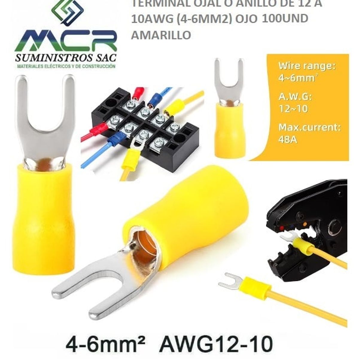 GENERICO - TERMINAL UÑA  AMARILLO AISLADO DE 12 A 10AWG 4A6MM2 OJO 1/4" 100UND