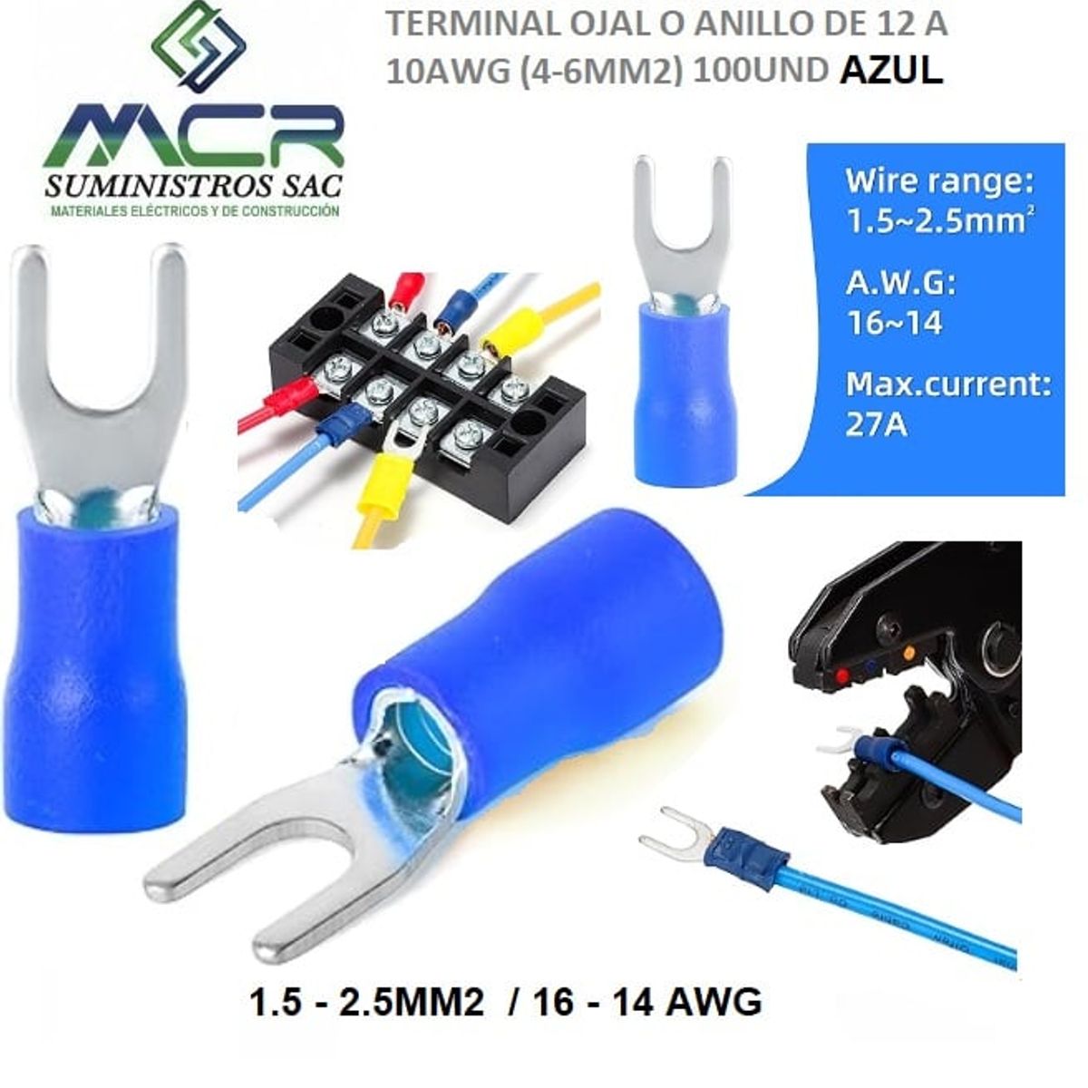 GENERICO - TERMINAL UÑA AZUL AISLADO DE 14 A 16AWG 1.5A 2.5MM2 OJO 3/16" 100UND
