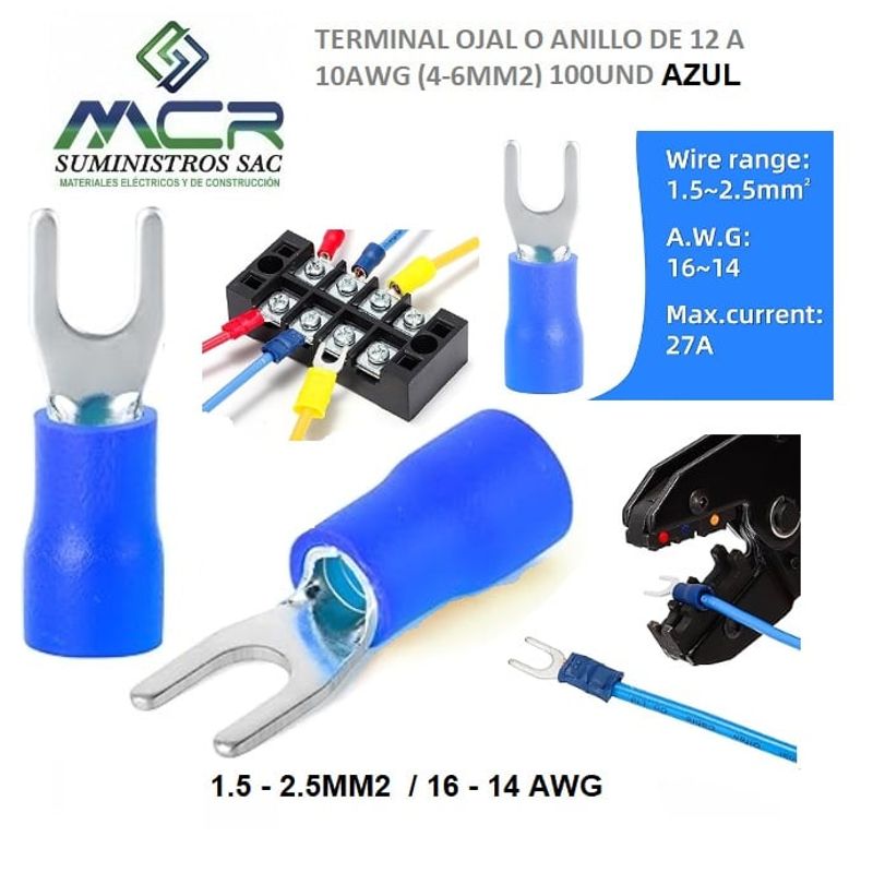 GENERICO - TERMINAL UÑA AZUL AISLADO DE 14 A 16AWG 1.5A 2.5MM2 OJO 3/16" 100UND