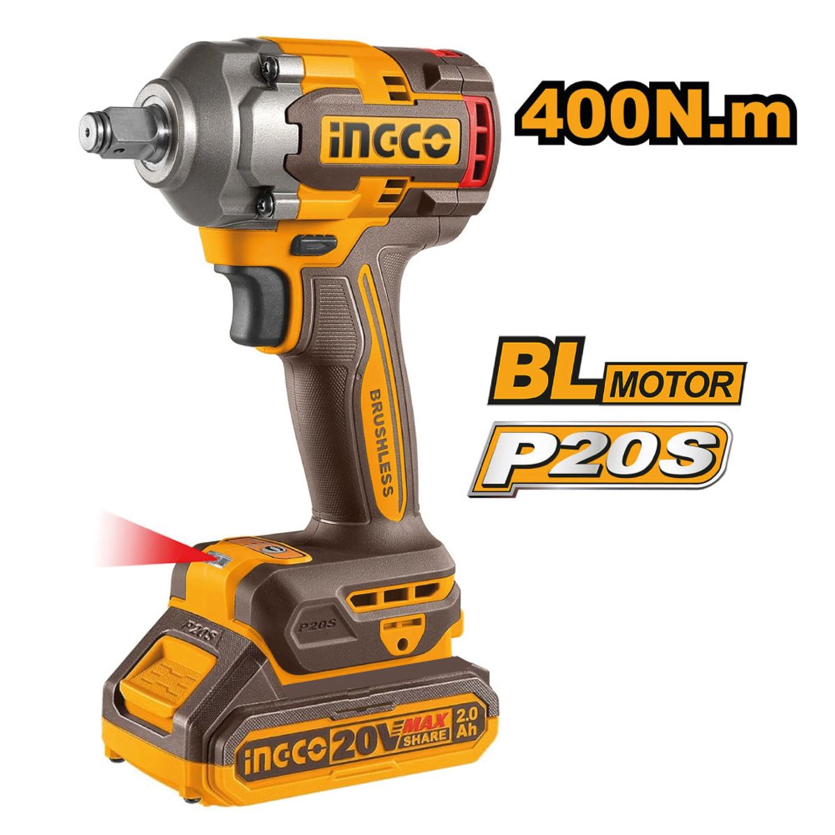INGCO TOOLS - LLAVE DE IMPACTO BRUSHLESS INGCO 20V 400NM +2 BATERÍAS 20AH CIWLI2040