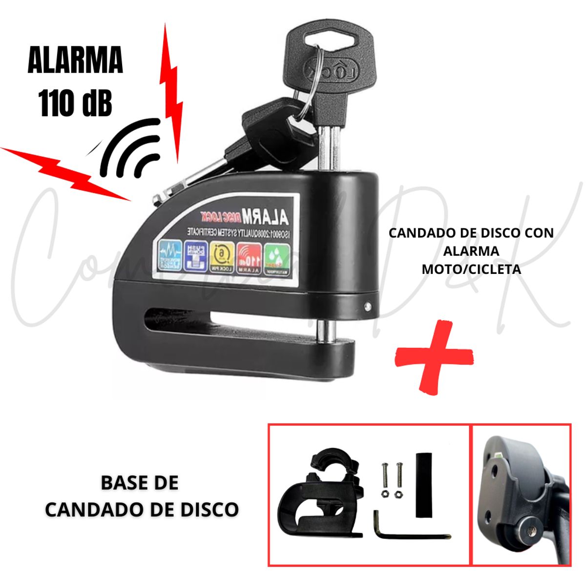 GENERICO - Candado de disco con alarma + BASE motocicleta y bicicleta