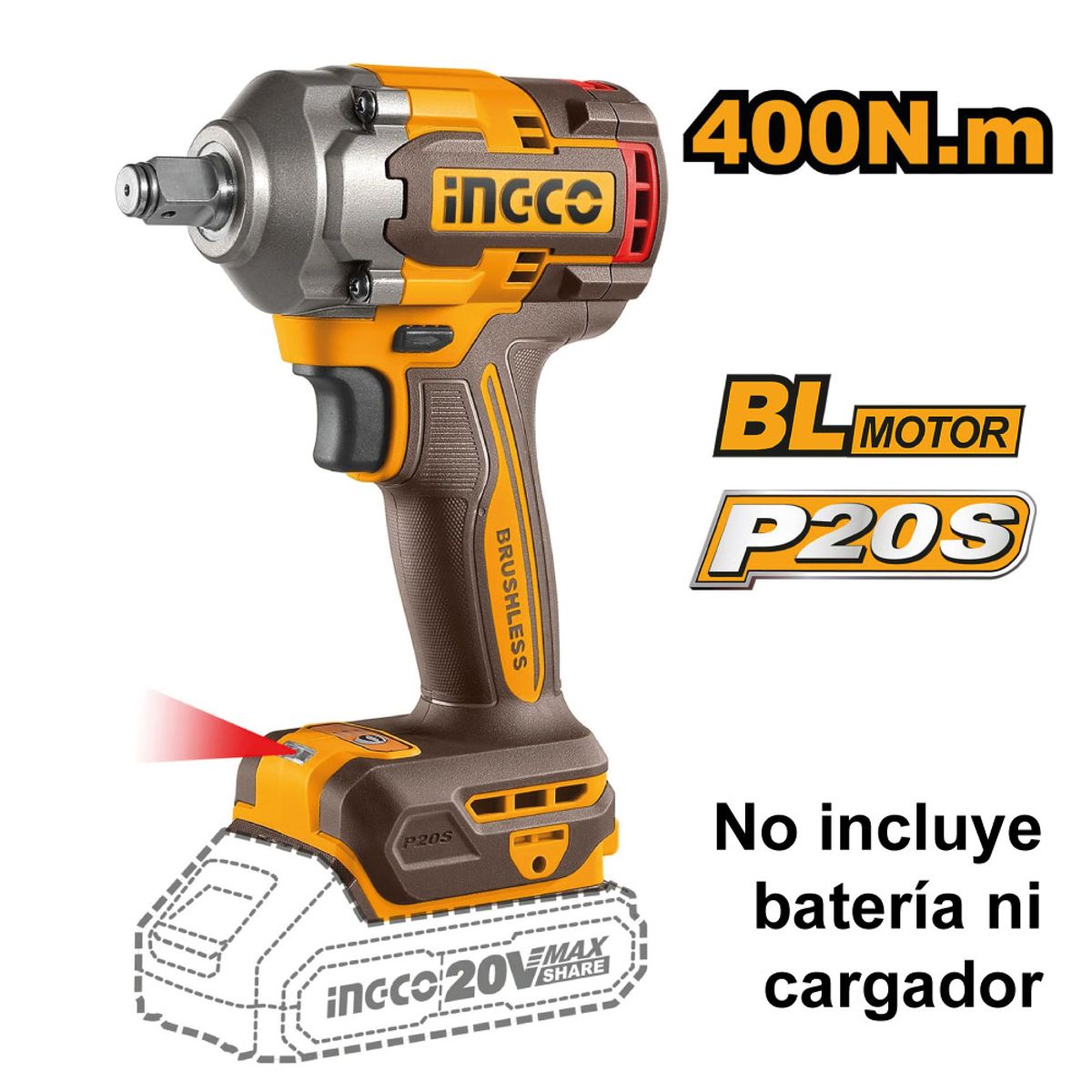 INGCO TOOLS - LLAVE DE IMPACTO BRUSHLESS INGCO 20V 400NM CIWLI20401