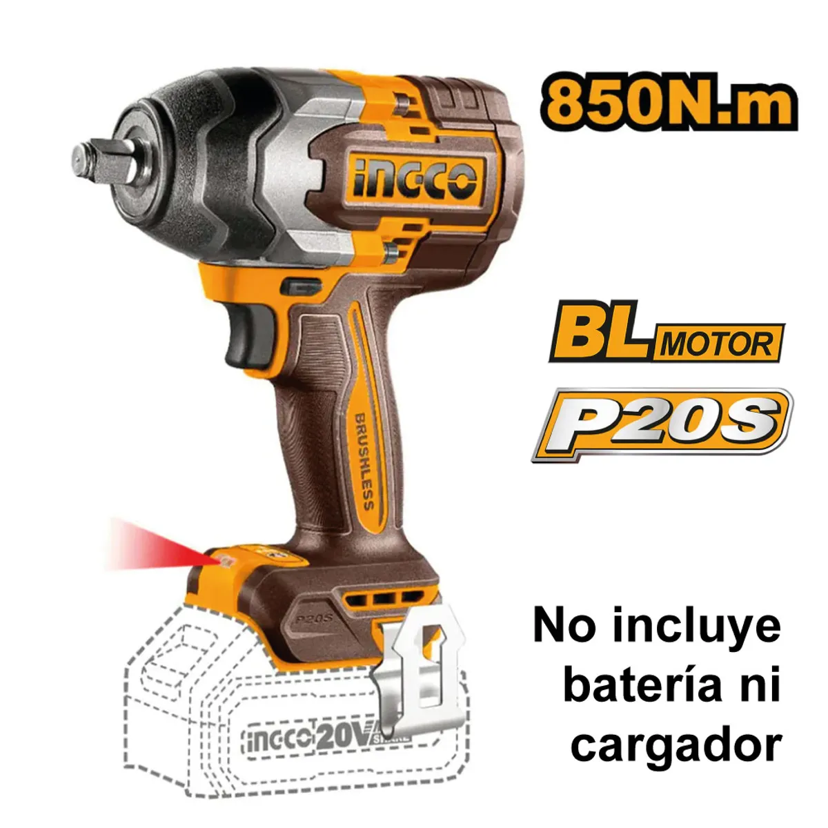 INGCO TOOLS - LLAVE DE IMPACTO BRUSHLESS INGCO 20V 850NM CIWLI20851