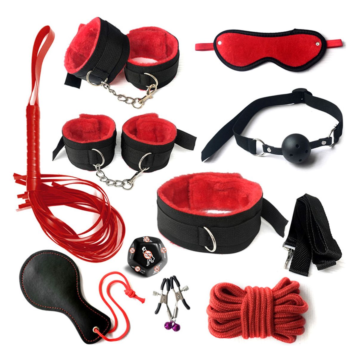 GENERICO - Set Bondage 11 en 1 Restricciones BDSM en Color Rojo