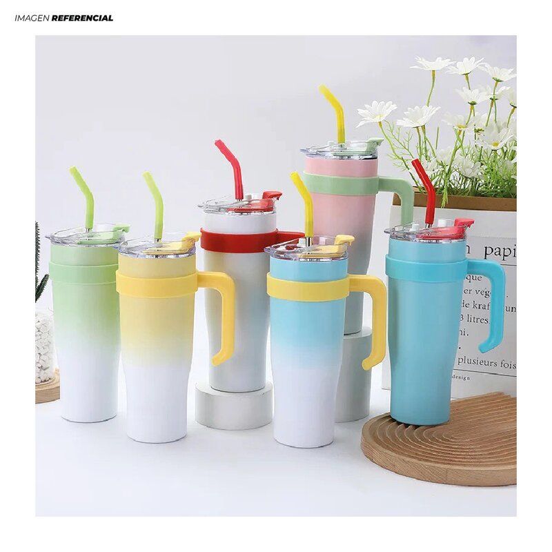 GENERICO - VASO TERMICO CON TAPA  DE 1200ML CON CAÑITA Y ASA DE COLORES