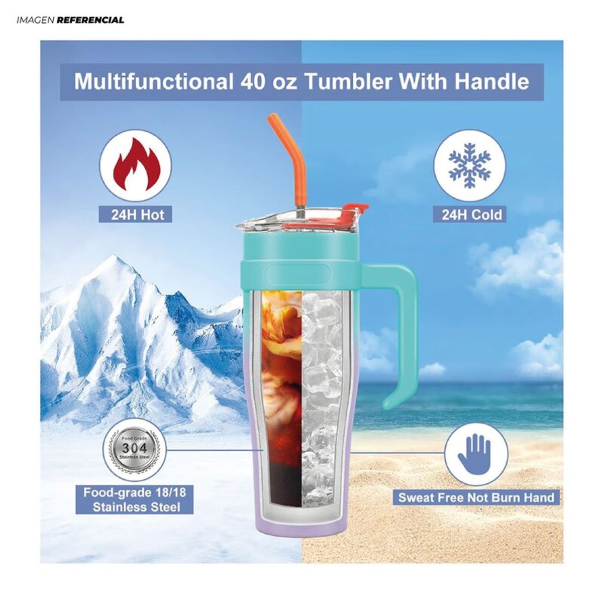 GENERICO - VASO TERMICO CON TAPA  DE 1200ML CON CAÑITA Y ASA DE COLORES