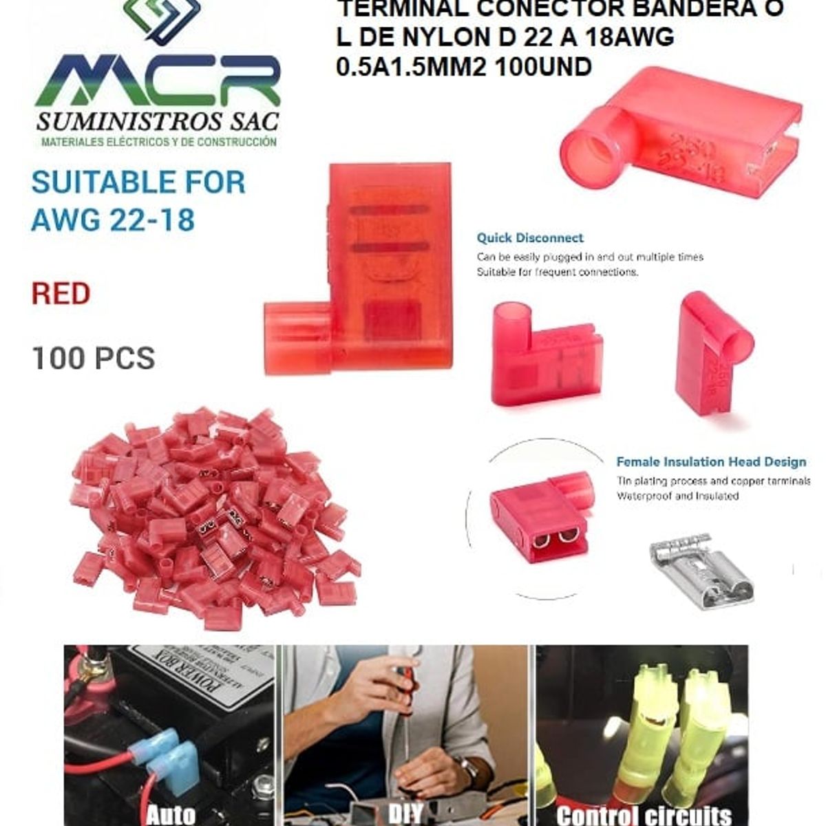 GENERICO - TERMINAL CONECTOR BANDERA O L ROJO DE 22 A 18AWG 0.5A1.5MM2 100UND