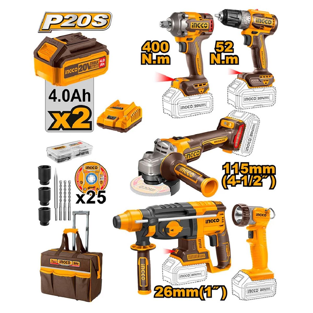 INGCO TOOLS - TALADRO + LLAVE IMPACTO + ROTOMARTILLO + AMOLADORA + LINTERNA CKLI2058