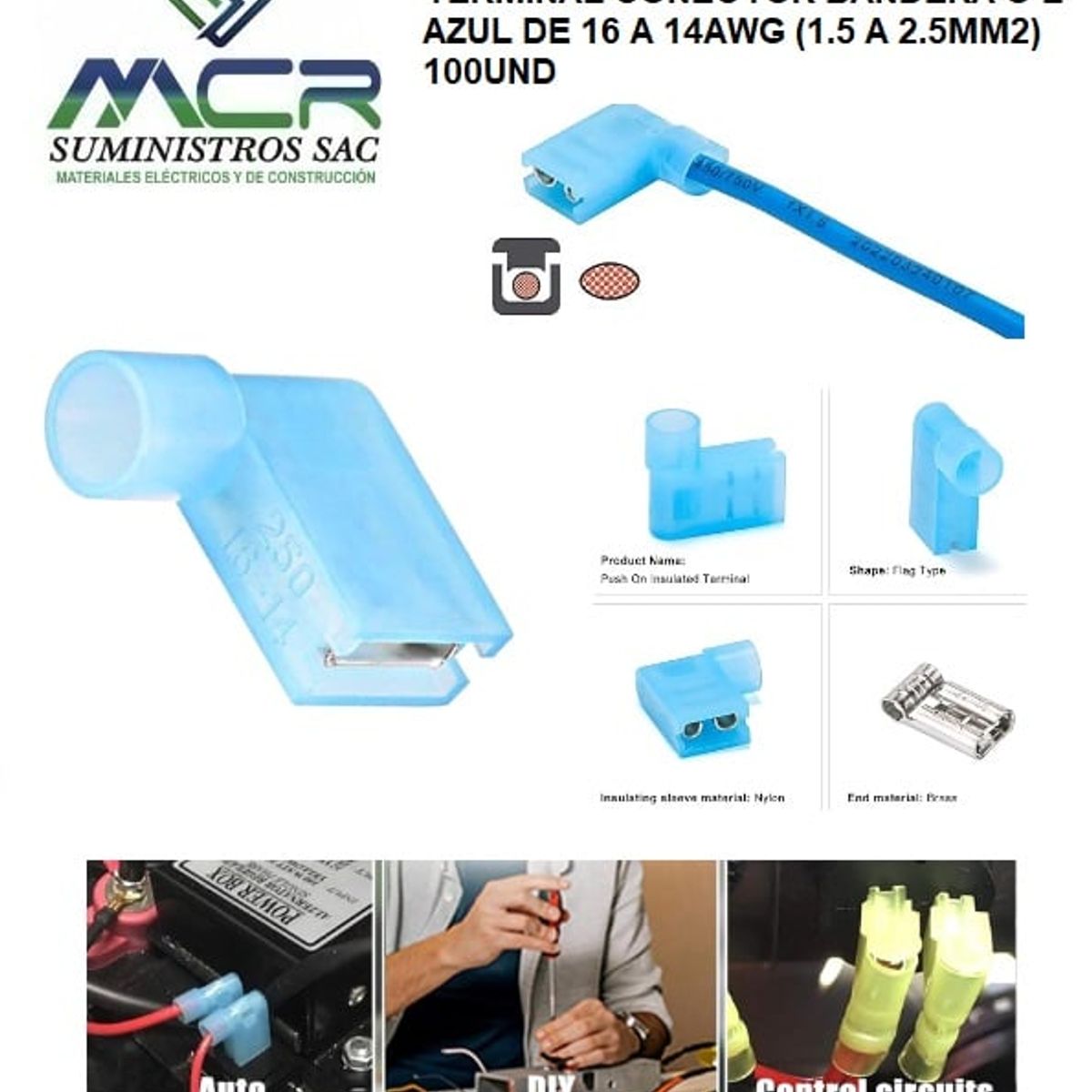 GENERICO - TERMINAL CONECTOR BANDERA O L AZUL DE 16 A 14AWG 1.5A2.5MM2 100UND