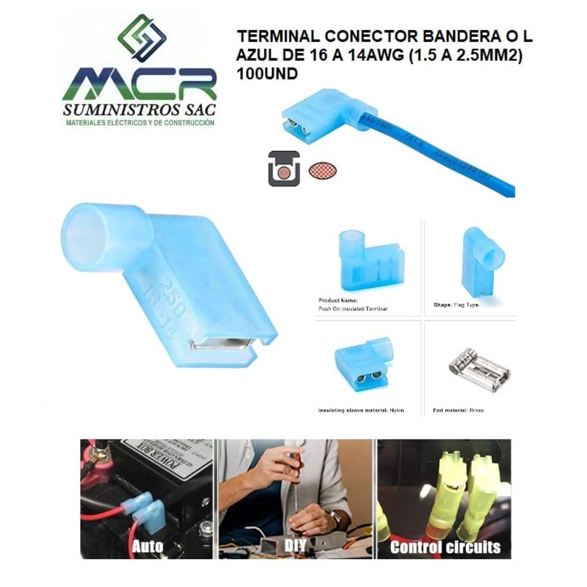 GENERICO - TERMINAL CONECTOR BANDERA O L AZUL DE 16 A 14AWG 1.5A2.5MM2 100UND