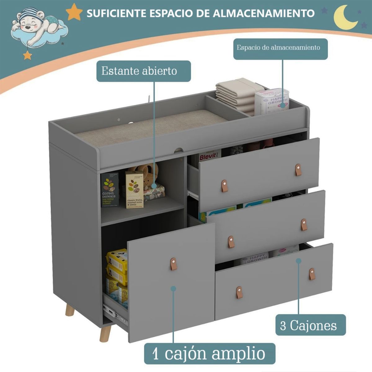 GENERICO - Comoda Cambiador Bebe 2en1 Peyton Amore Home