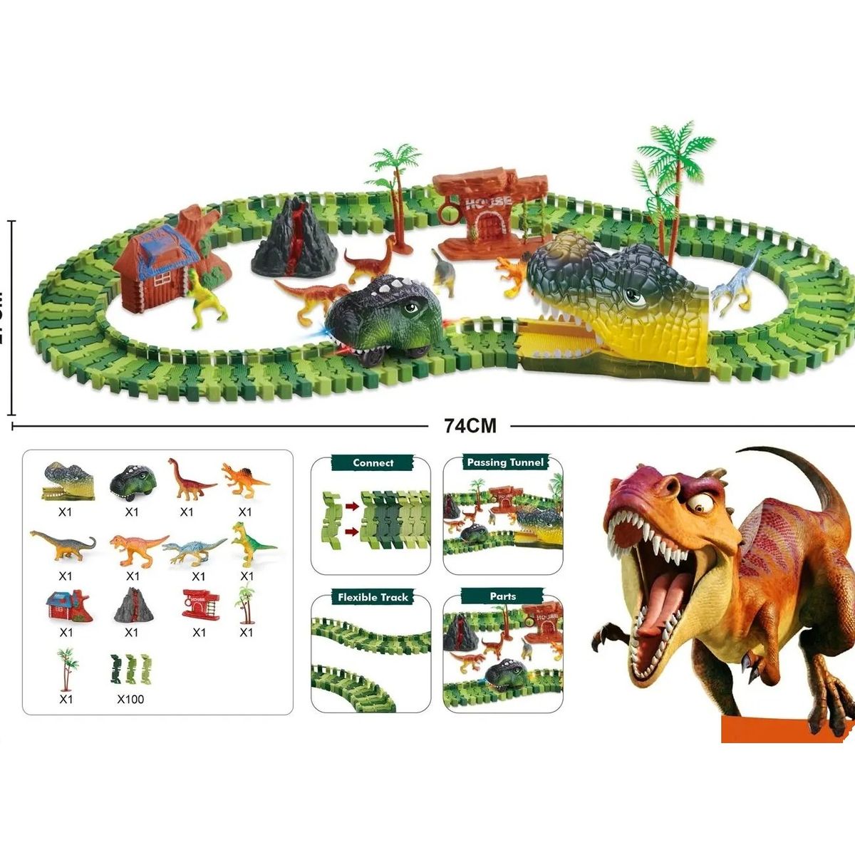 GENERICO - Dinotrack Pista Dinosaurio Pila Niños Auto Luz LED Genieka