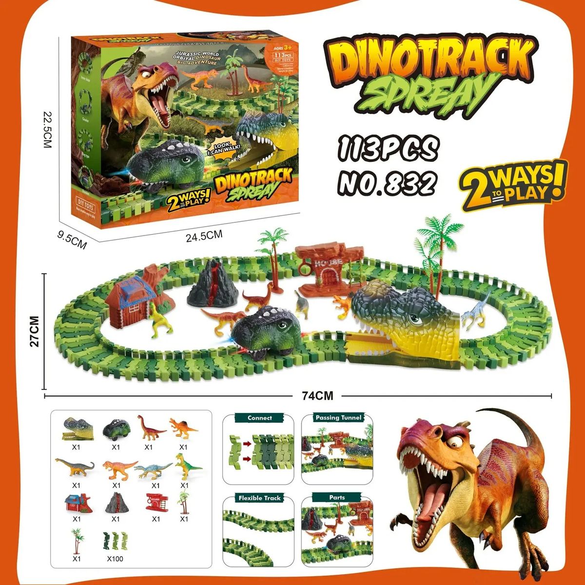 GENERICO - Dinotrack Pista Dinosaurio Luz LED Pila Niños Auto Genieka