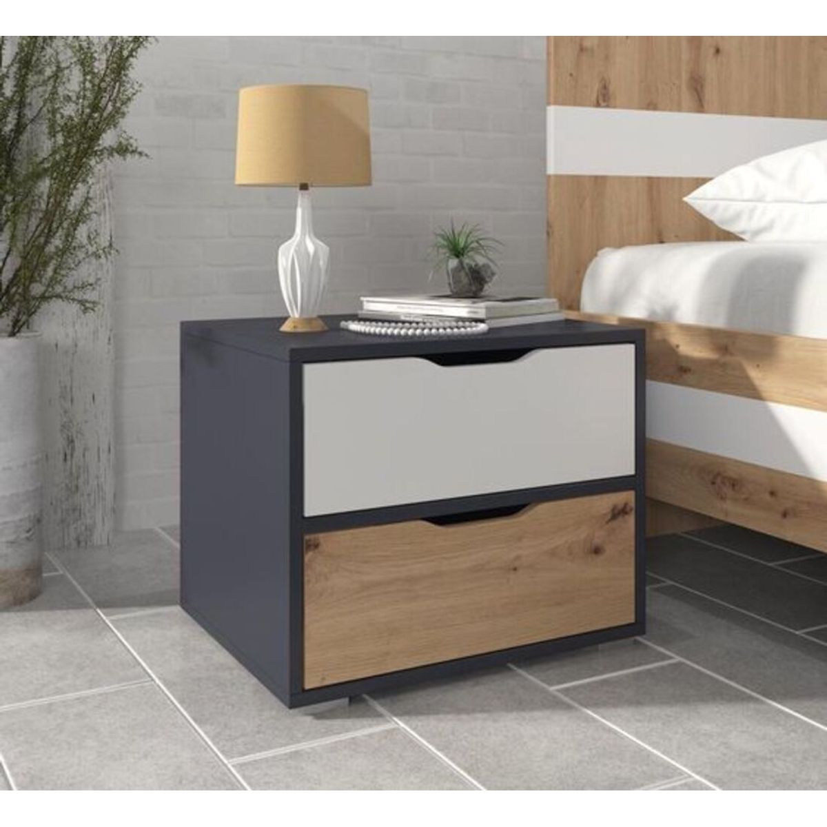 GENERICO - Velador Estilo Nórdico León 2 Cajones R&R MUEBLES