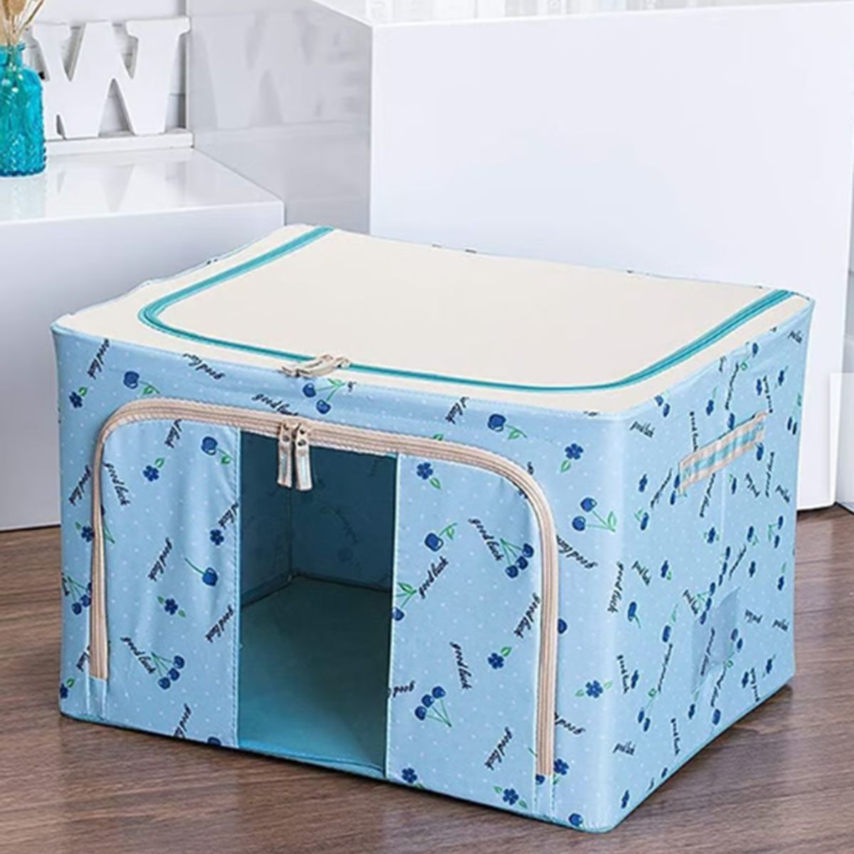 GENERICO - CESTA CAJA ALMACENAMIENTO PLEGABLE CON CIERRE  EDREDONES  - CELESTE