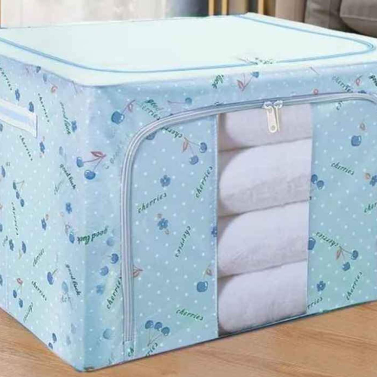 GENERICO - CESTA CAJA ALMACENAMIENTO PLEGABLE CON CIERRE  EDREDONES  - CELESTE