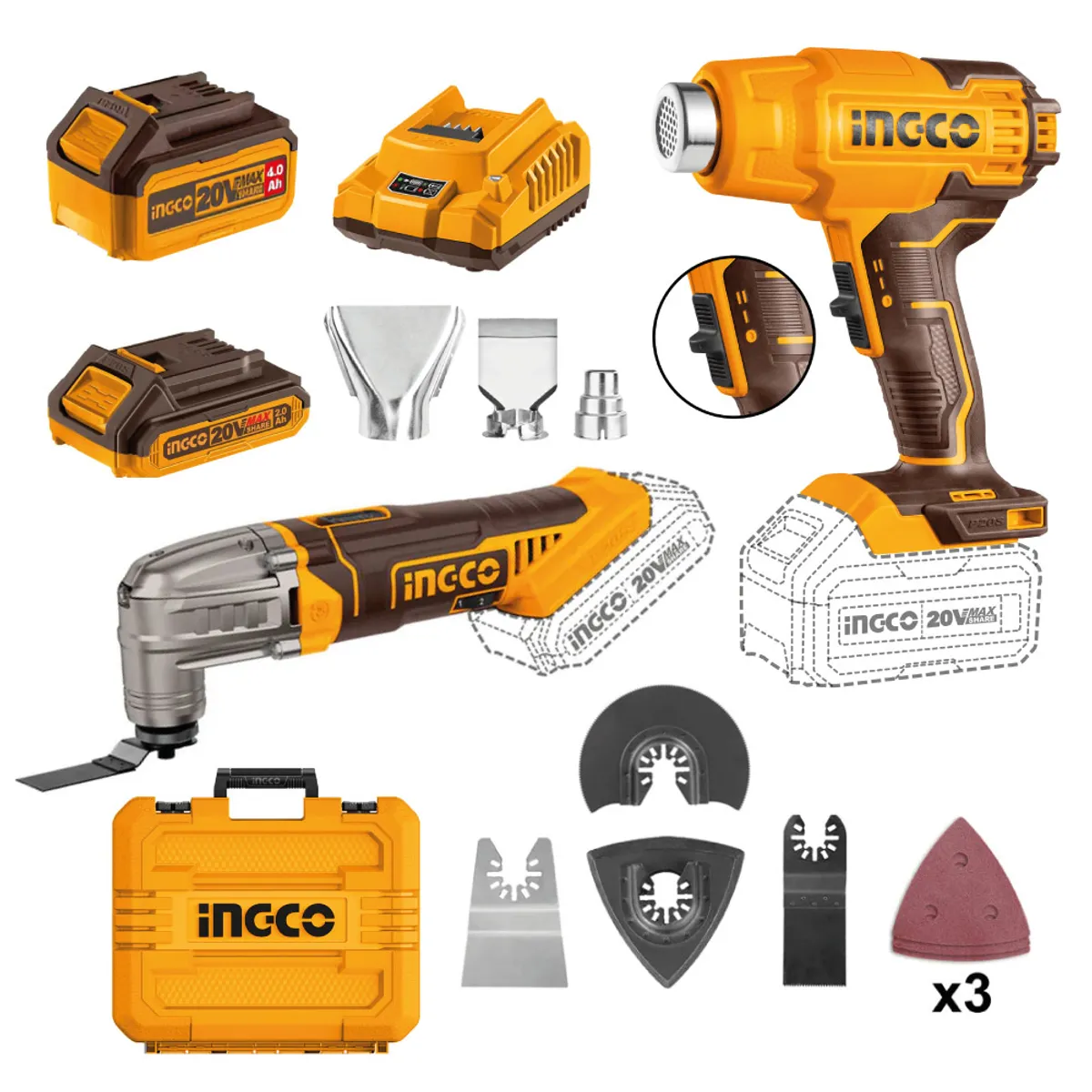 INGCO TOOLS - PISTOLA DE CALOR INGCO 20V + HERRAMIENTA MULTIFUNCIÓN 20V COSLI230703