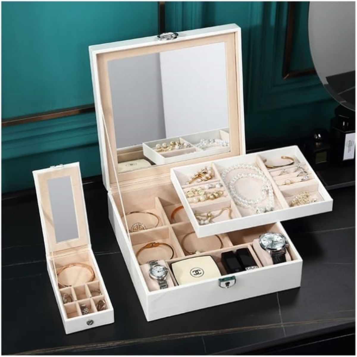 GENERICO - Joyero 2 Niveles + Mini Joyero Portatil con Espejo y Llave