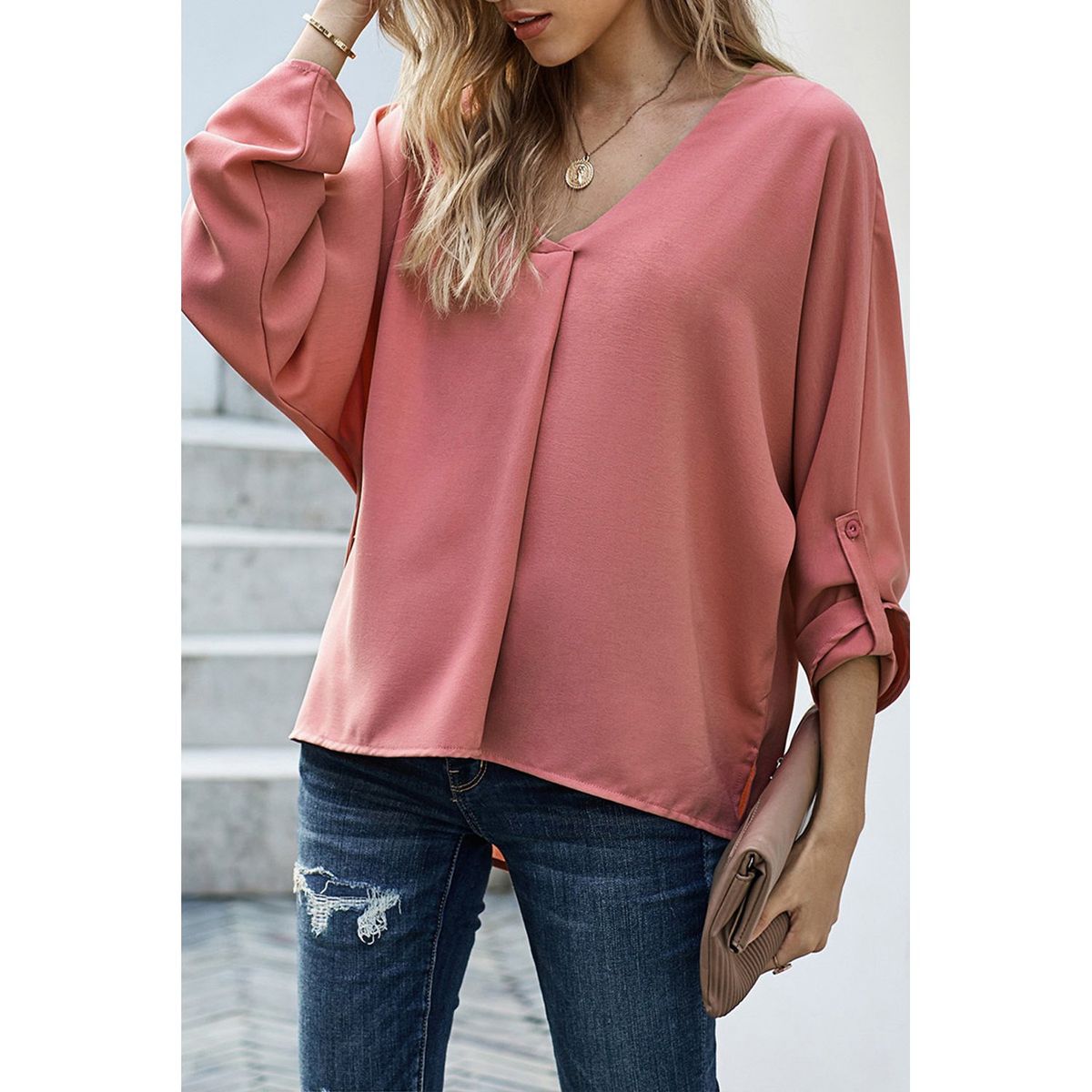 TIOZONEY - Camiseta suelta de mujer con cuello en V