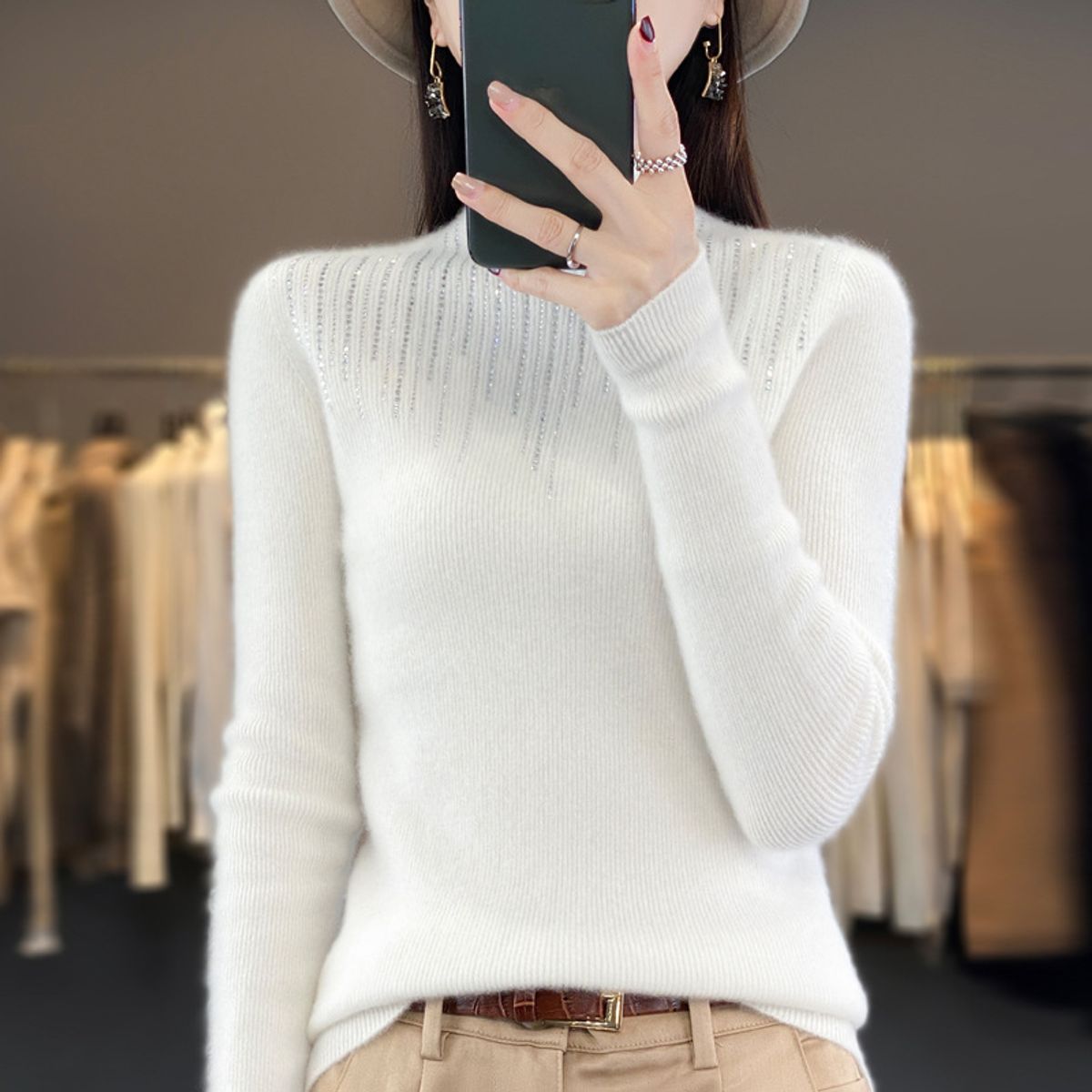 TIOZONEY - Suéter de cuello medio alto para mujeres - Blanco