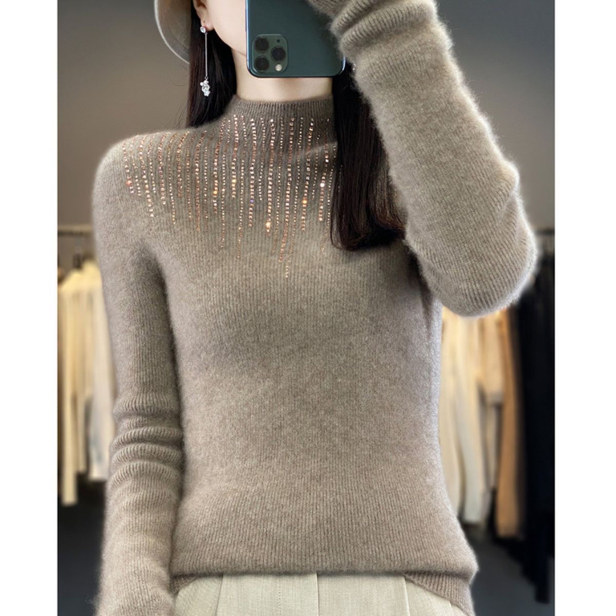 TIOZONEY - Suéter de cuello medio alto para mujeres - Café