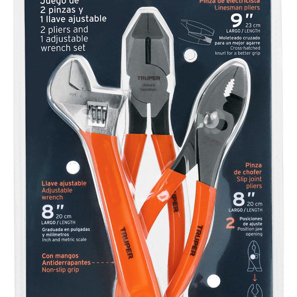 TRUPER - Juego de 2 Pinzas y 1 Llave Ajustable Mango PVC 18216 Truper