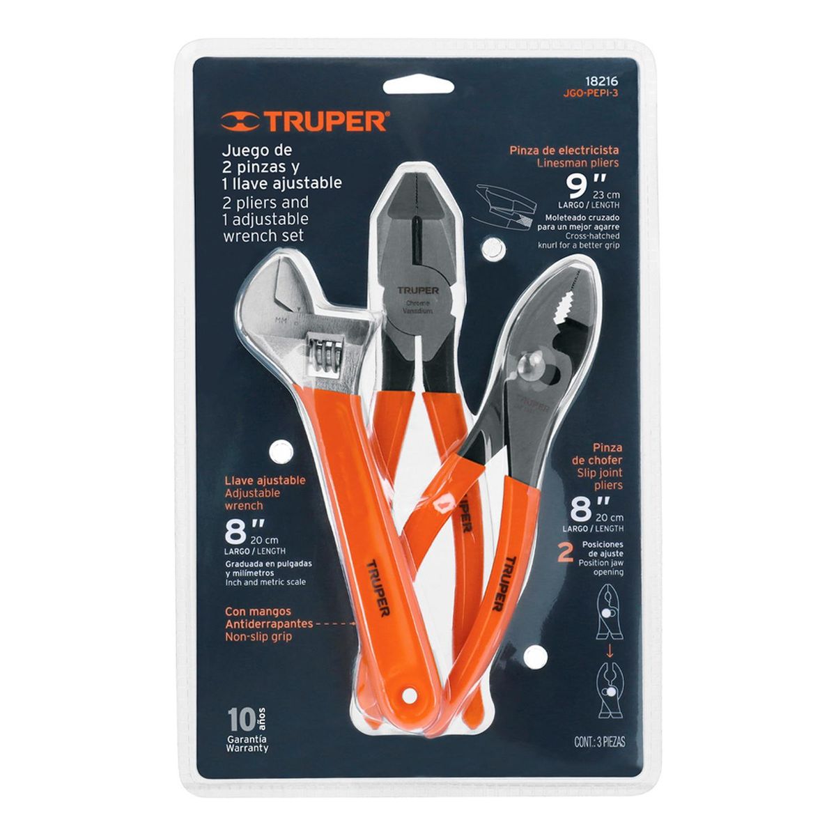 TRUPER - Juego de 2 Pinzas y 1 Llave Ajustable Mango PVC 18216 Truper