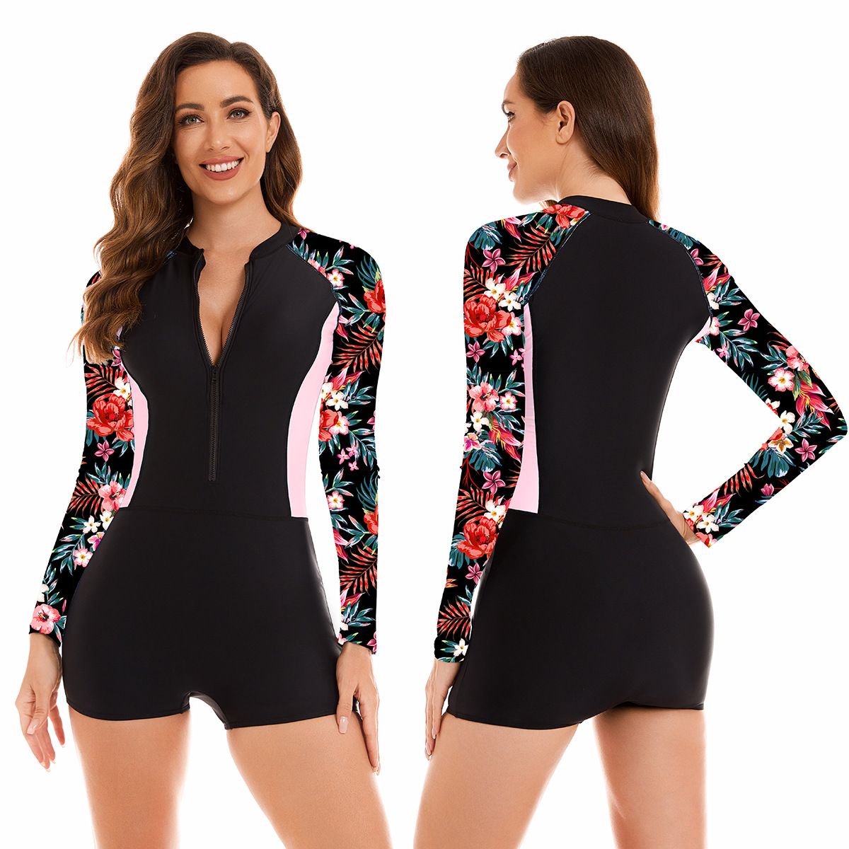 GENERICO - TRAJE DE BAÑO MANGA LARGA ROSA FLORES