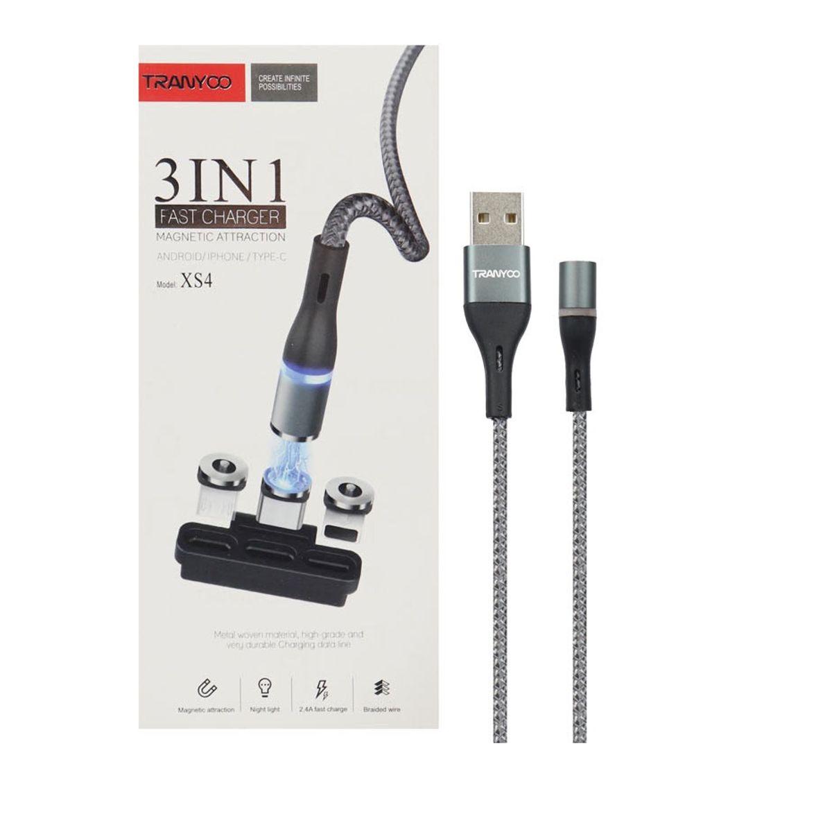 GENERICO - CABLE USB MAGNÉTICO DE CARGA 3 EN 1 TIPO C MICRO USB IPHONE LIGHTNING