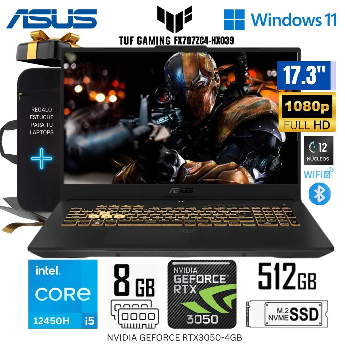 ASUS - Laptop Asus TUF GAMING FX707ZC4-HX039 Intel Corei5-12500H 8GB RAM 512GB SSD 17.3"  FHD RTX3050-4GB+REGA