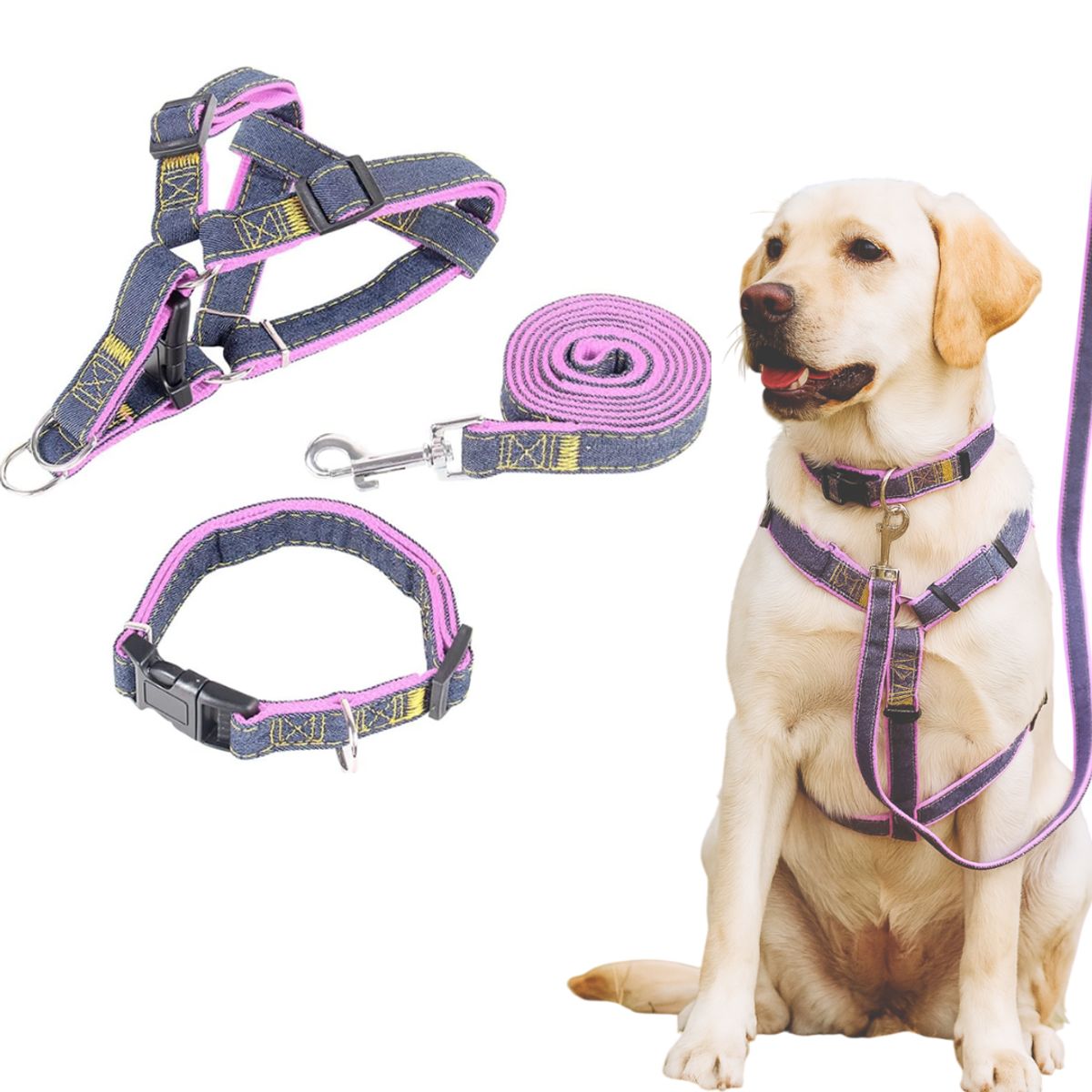 GENERICO - Arnés Collar Y Correa De Jean y Rosado Para Perro Talla S