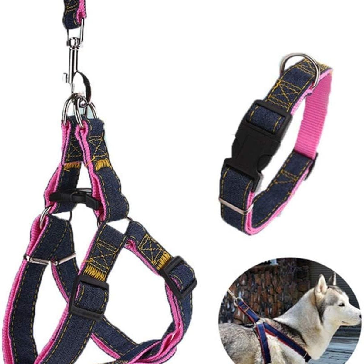 GENERICO - Arnés Collar Y Correa De Jean y Rosado Para Perro Talla S