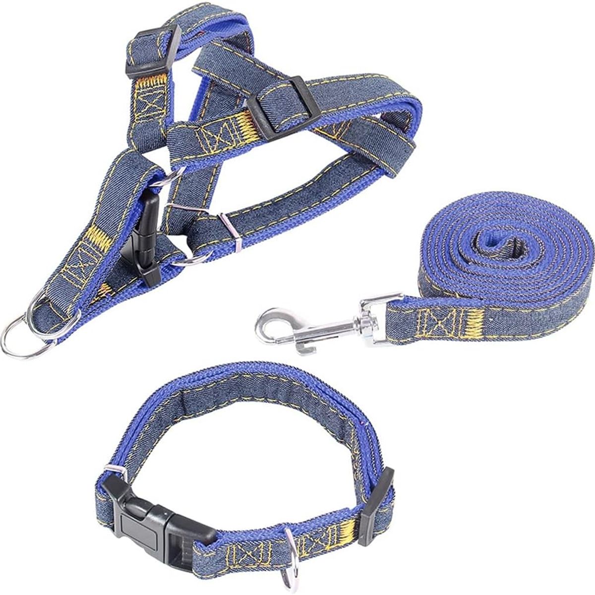 GENERICO - ARNÉS COLLAR Y CORREA DE JEAN Y AZUL PARA PERRO TALLA S