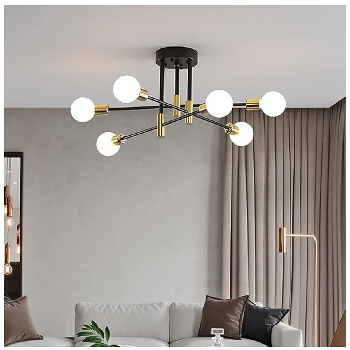 GENERICO - Lámpara de techo colgante araña color negro y dorado - Incluye 6 focos