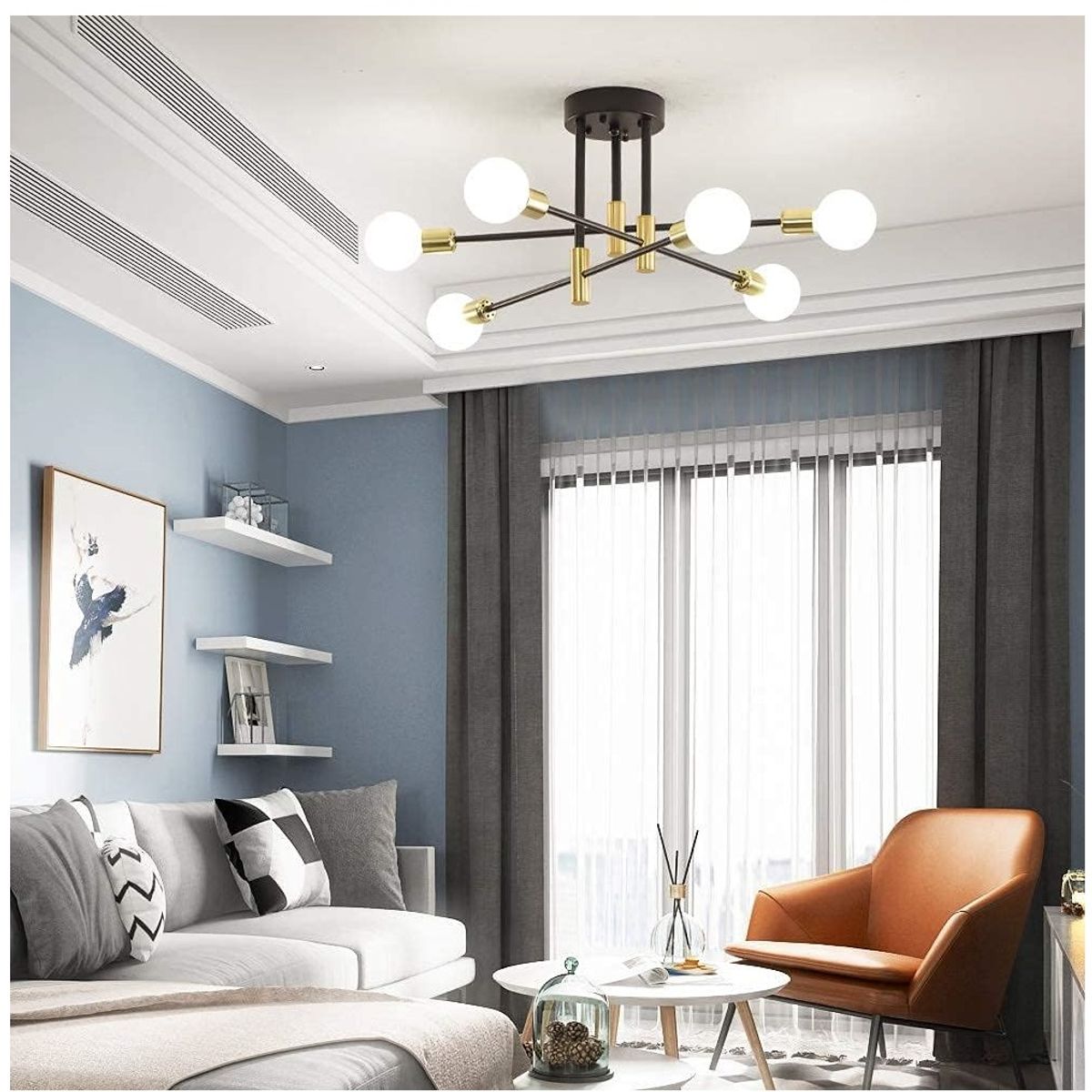 GENERICO - Lámpara de techo colgante araña color negro y dorado - Incluye 6 focos