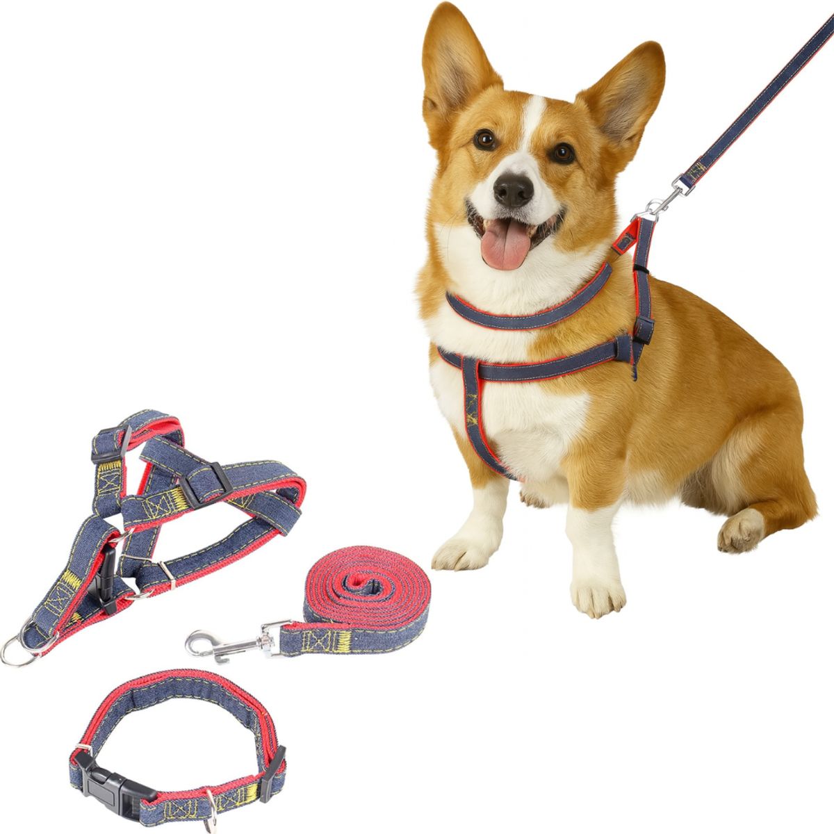 GENERICO - ARNÉS COLLAR Y CORREA DE JEAN Y ROJO PARA PERRO TALLA L