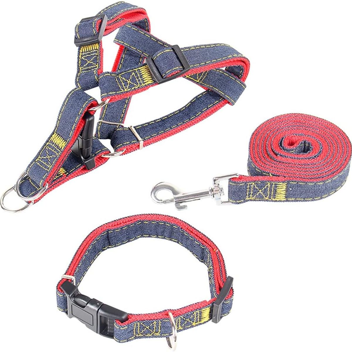 GENERICO - ARNÉS COLLAR Y CORREA DE JEAN Y ROJO PARA PERRO TALLA L