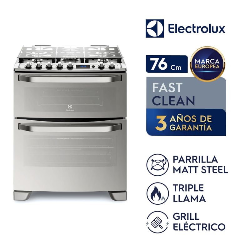 ELECTROLUX - Cocina Freestanding Doble Horno Gas 5 Quemadores Electrolux Triple Llama 76 cm 76DXR-CL
