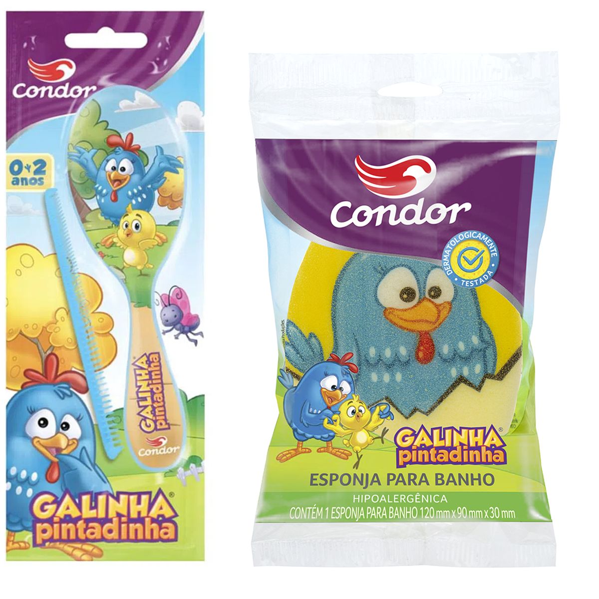CONDOR - Kit de Cepillo Peine y Esponja Gallina Pintadita Celeste