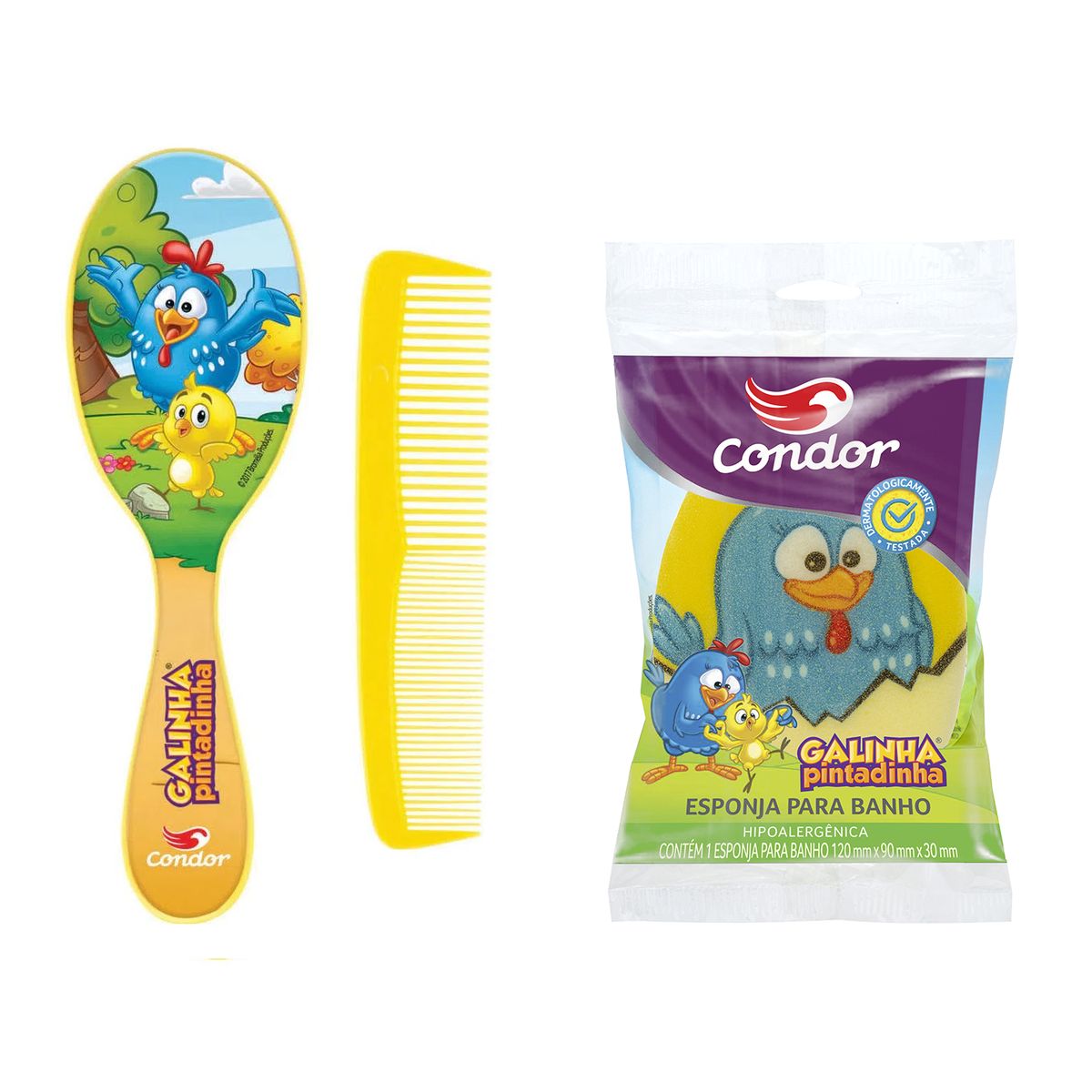 CONDOR - Kit de Cepillo Peine y Esponja Gallina Pintadita Amarillo