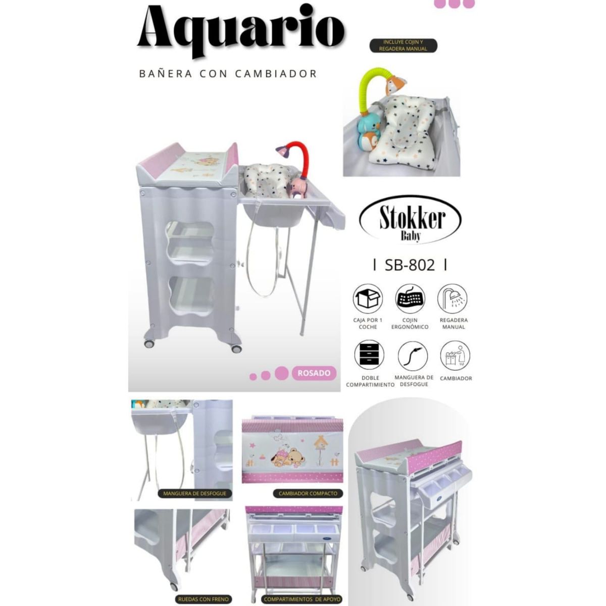 STOKKER BABY - Bañera cambiador + regadera cojín aquario ROSADO