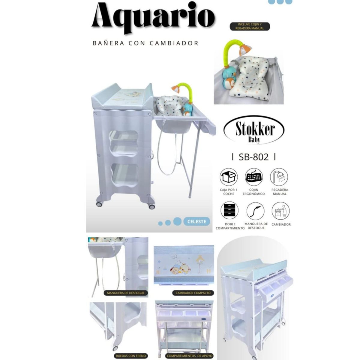 STOKKER BABY - Bañera cambiador + regadera cojín aquario CELESTE